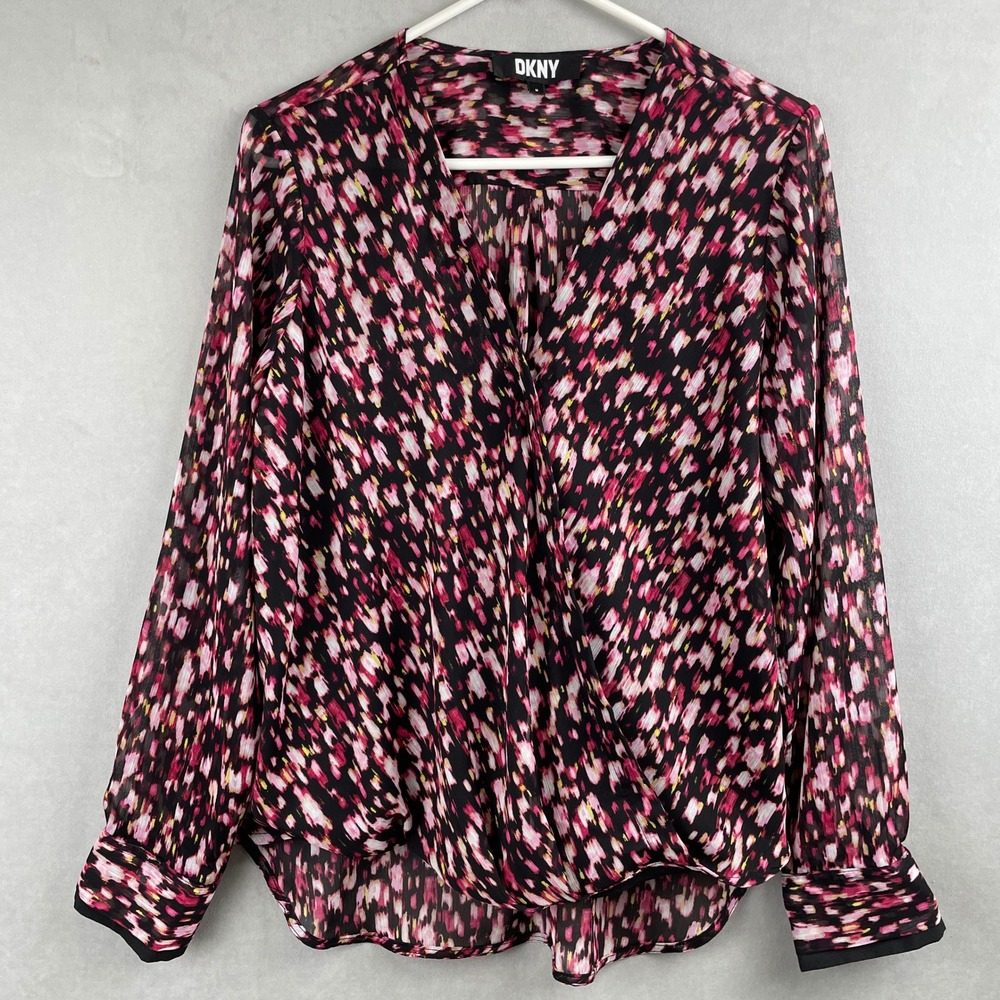 DKNY Pink Black Abstract Print Sheer Wrap Front Long Sleeve Chic Airy Blouse M